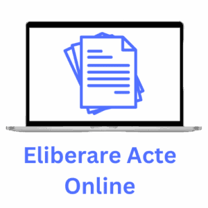 Ecranul unui laptop afișează pictograme pentru documente, cu textul „Eliberare Acte Online” scris dedesubt cu albastru și un subsol personalizat care îmbunătățește prezentarea.