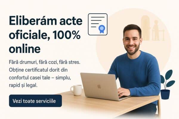 Un bărbat stă la un birou cu un laptop, zâmbind la cameră. Un text în limba română promovează eliberarea actelor online - obțineți documente oficiale rapid și ușor, fără cozi sau stres.