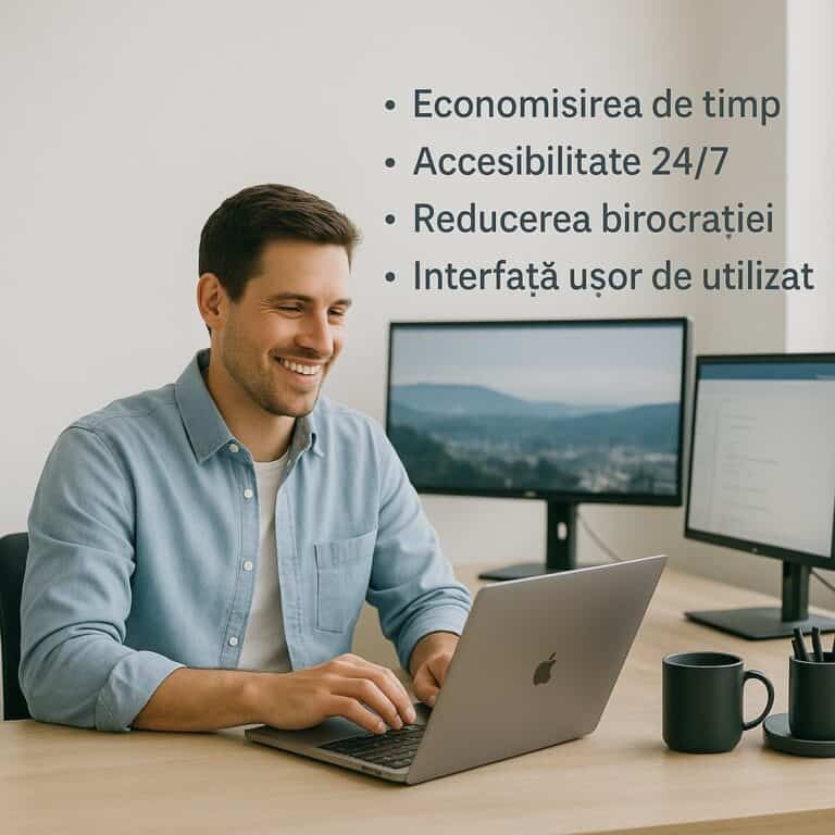 Un bărbat lucrează la un birou cu un laptop și monitoare. Textul de pe imagine enumeră beneficiile în limba română pentru Cazier Judiciar Persoane Juridice: economie de timp, acces 24/7, birocrație redusă și interfață ușor de utilizat.