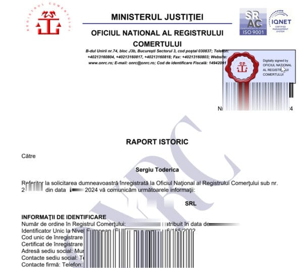 Un document oficial românesc de la Oficiul Național al Registrului Comerțului, care conține sigle, sigilii de certificare, coduri de bare și o rubrică referitoare la un certificat constatator istoric pentru o companie.