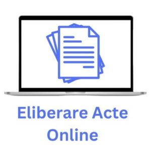 Un laptop cu pictograme cu documente pe ecran și textul în limba românească „Eliberare Acte Online” afișat dedesubt.