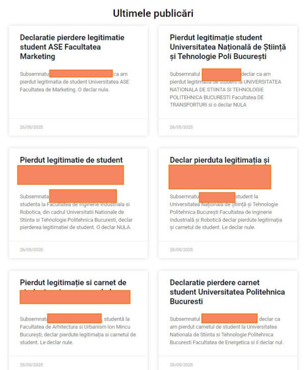 O grilă cu declarații ale studenților români de la diverse universități, fiecare cu date personale redactate și data de 25/05/2023 sau 26/05/2023.